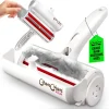 A white ChomChom Roller pet hair remover held against a grey fabric sofa covered in white cat fur.