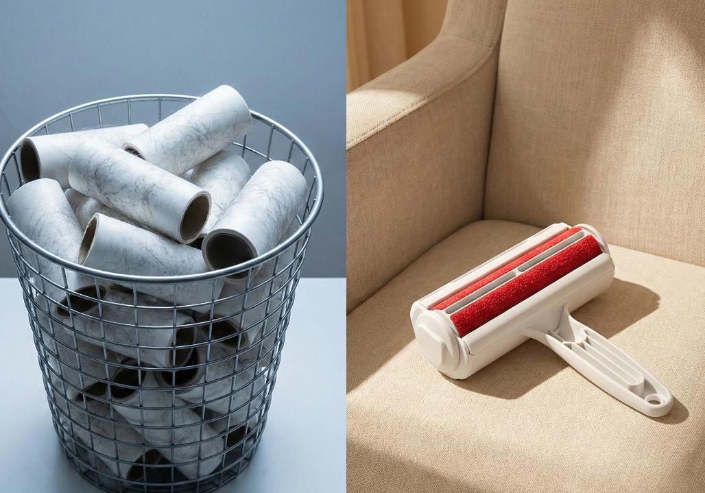 A split-screen image. On the left is a metal basket overflowing with used, dirty lint rollers. On the right, a reusable red velour ChomChom roller rests on a beige chair, illuminated by sunlight.