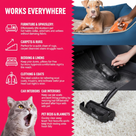 Infographic demonstrating the ChomChom Roller being used on various surfaces: a brown puppy in a blue pet bed, a hand cleaning the boot lining of a car, and a black roller lifting fur from a white deep-pile rug. The text describes applications for cleaning settees, trousers, knitwear, and carpeted stairs.