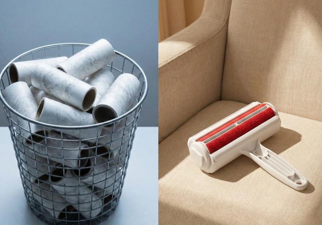 A split-screen image. On the left is a metal basket overflowing with used, dirty lint rollers. On the right, a reusable red velour ChomChom roller rests on a beige chair, illuminated by sunlight.